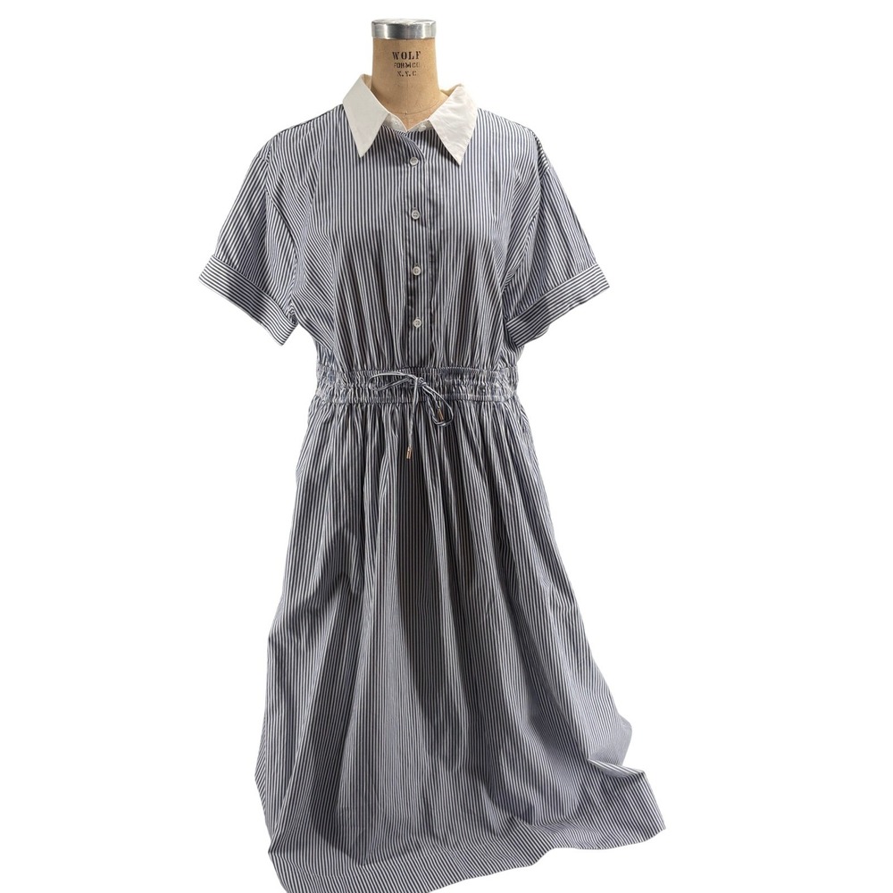 Skies Are Blue Womens Blue White Striped‎ Cotton Midi Shirt Dress L Nautical